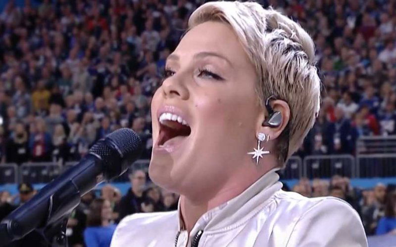 pink national anthem superbowl video chewingum