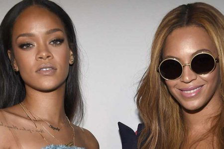 NEW YORK, NY - FEBRUARY 12: Rihanna (L) and Beyonce pose backstage at the adidas Originals x Kanye West YEEZY SEASON 1 fashion show during New York Fashion Week Fall 2015 at Skylight Clarkson Sq on February 12, 2015 in New York City. (Photo by Kevin Mazur/Getty Images for adidas)