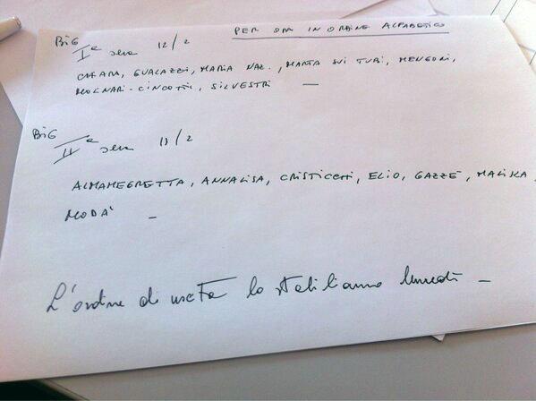 Sanremo 2013, la scaletta delle prime due serate relativa ai Big, pubblicata su Twitter da Fabio Fazio preview