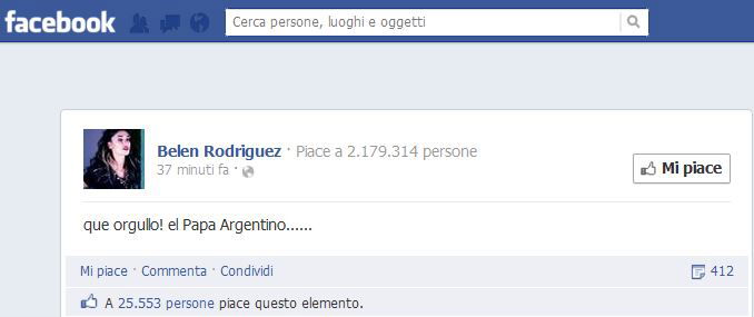 Eletto Papa Francesco, primo pontefice Sudamericano; Belen Rodriguez su Facebook: “Que orgullo! El Papa Argentino” article-post