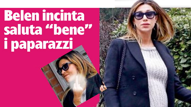 Belen Rodriguez al nono mese di gravidanza, aspetta Santiago mostrando il dito medio ai giornalisti preview