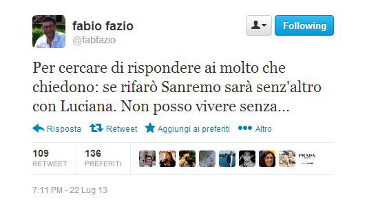 Festival di Sanremo 2014, Fabio Fazio: “Se lo rifarò sarà senz’altro con Luciana. Non posso vivere senza” preview