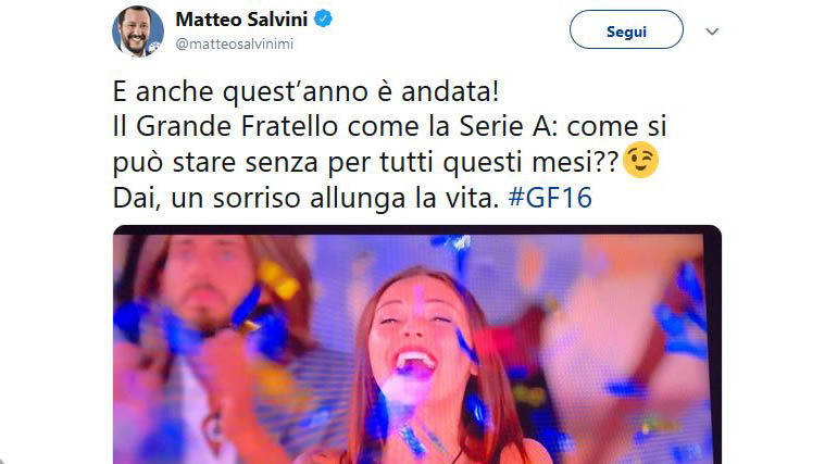 Matteo Salvini guarda il Grande Fratello: “E’ come la Serie A…”, e scoppia la polemica preview