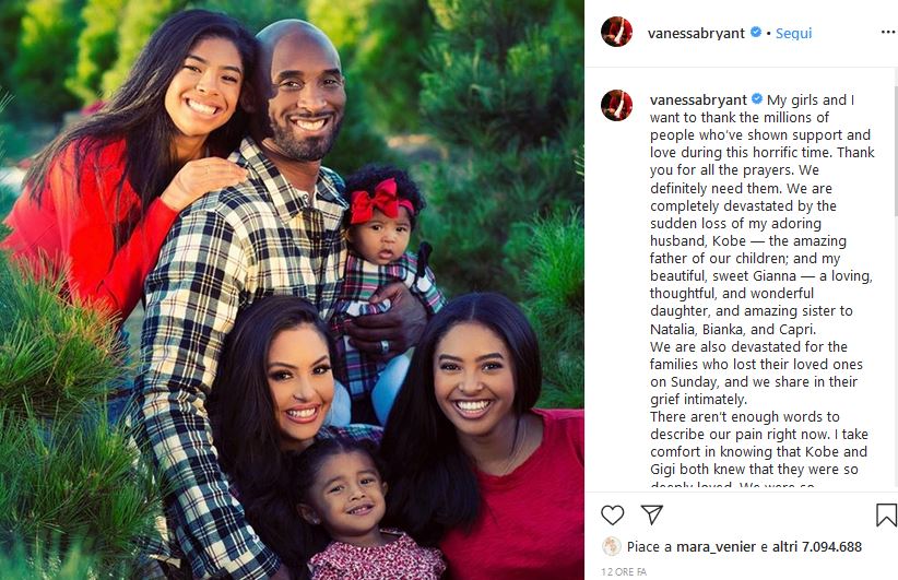 Morte Kobe Bryant e Gigi, moglie Vanessa: “devastati, vorrei fossero qui con noi per sempre” preview