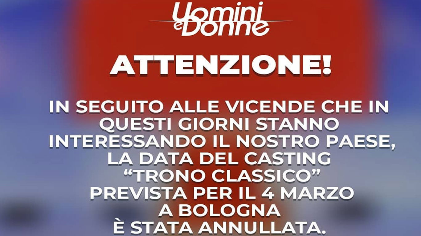Coronavirus, Uomini e Donne si “ferma”: casting annullati e news programmi TV