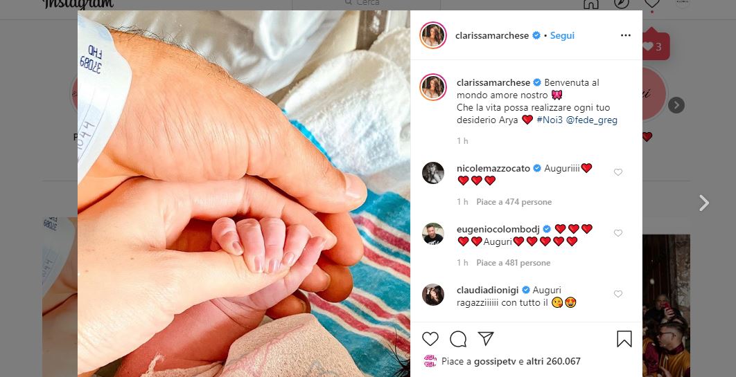 Clarissa Marchese e Federico Gregucci genitori: è nata Arya, dedica e fotografia article-post
