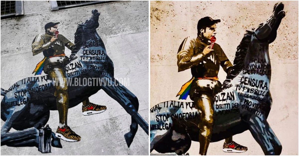 Spunta murales di Fedez a cavallo vicino la storica sede della Rai article-post