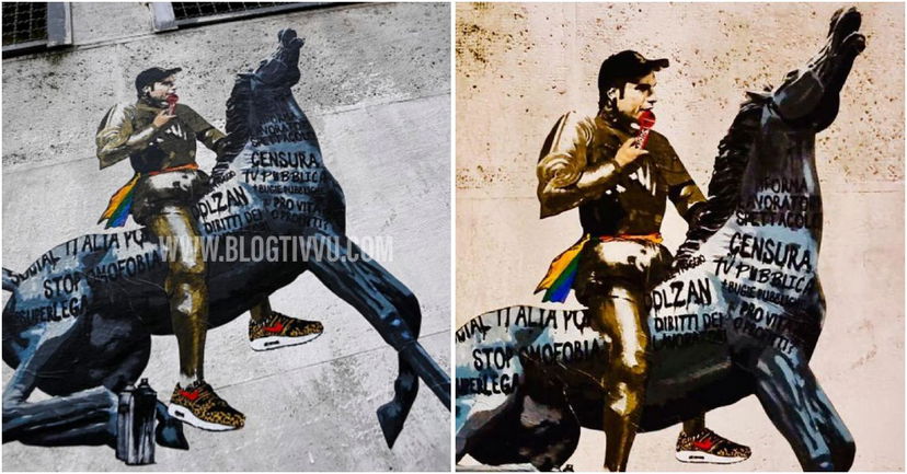 Spunta murales di Fedez a cavallo vicino la storica sede della Rai article-post
