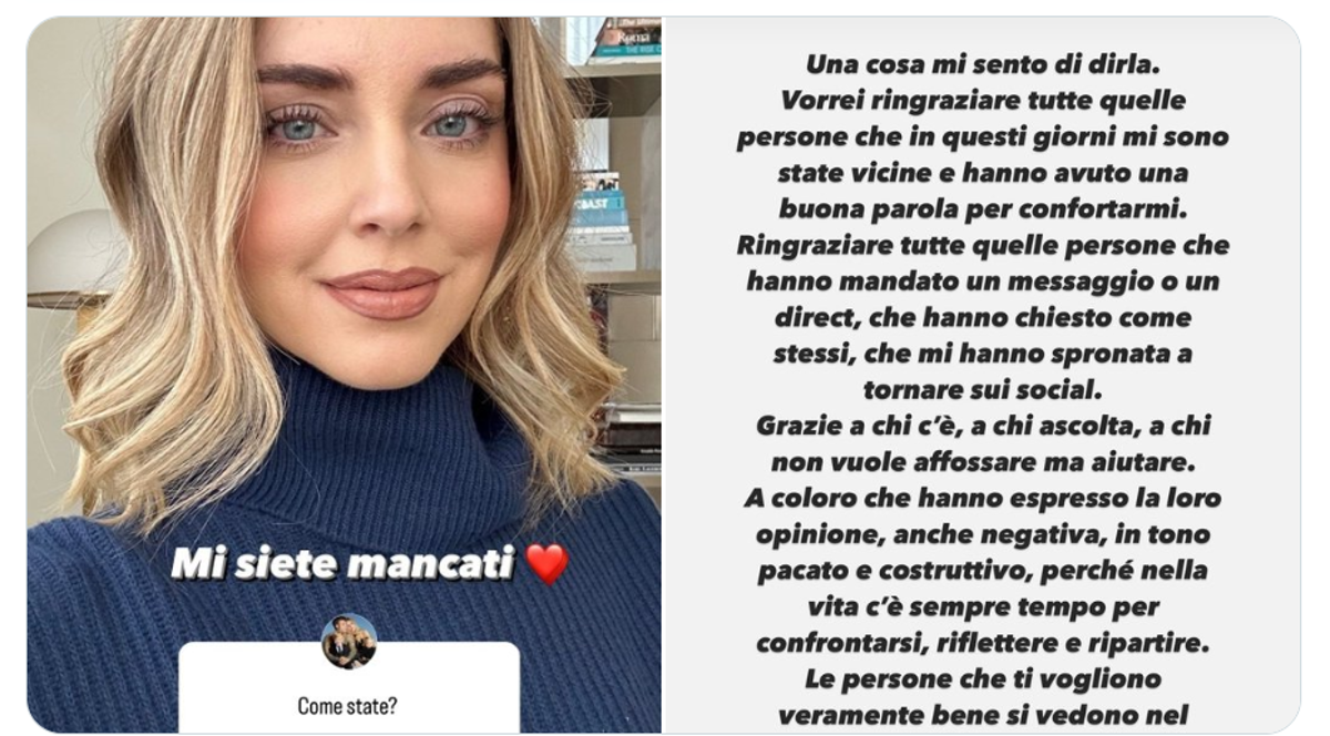 Chiara Ferragni torna sui social dopo il caso Balocco