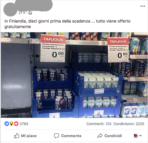 In Finlandia, dieci giorni prima della scadenza, tutto viene offerto gratuitamente, recita il post virale