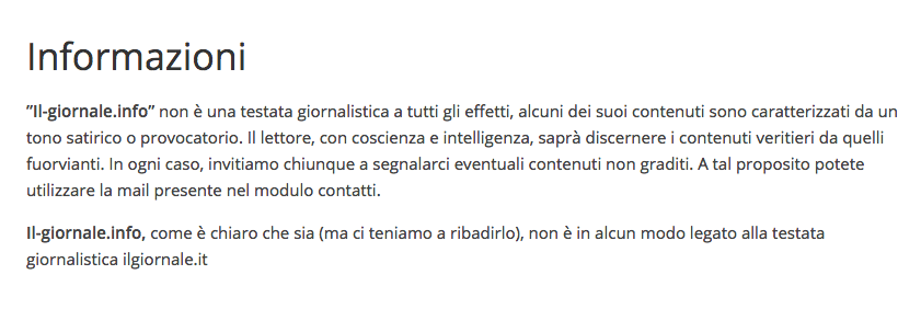 Il disclaimer di presunta satira del falso "Il Giornale"