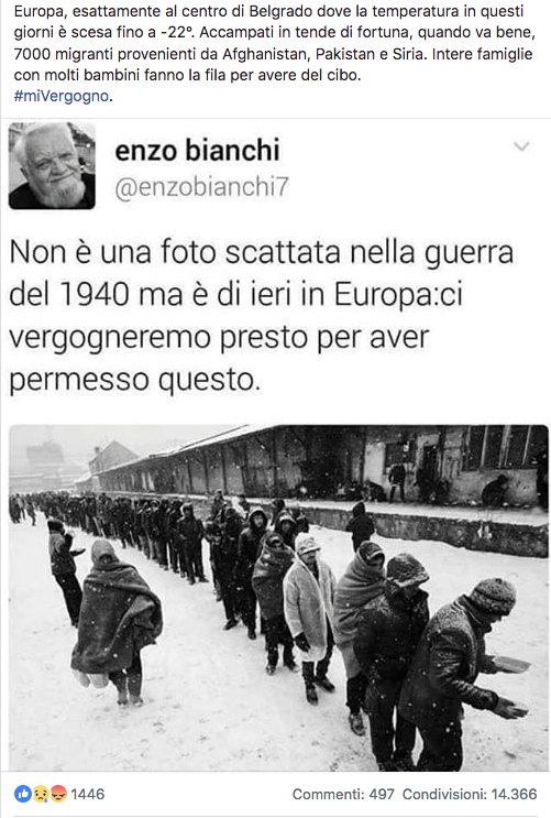 Europa, esattamente al centro di Belgrado dove la temperatura in questi giorni è scesa fino a -22°. Accampati in tende di fortuna, quando va bene, 7000 migranti provenienti da Afghanistan, Pakistan e Siria. Intere famiglie con molti bambini fanno la fila per avere del cibo. #miVergogno.