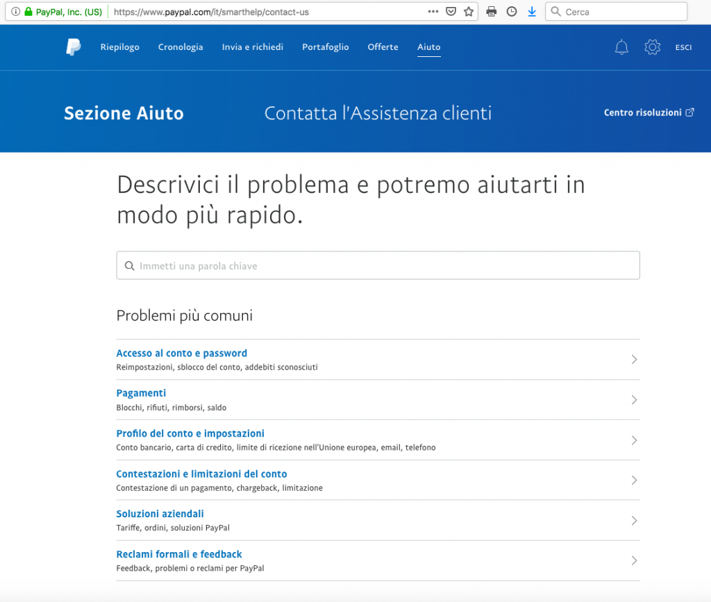 Il menù di contatti di PayPal