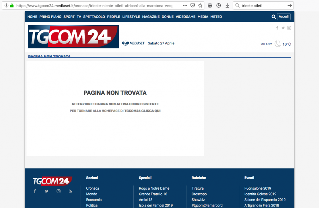 La schermata di TGCOM sul presunto, prematuro "Sì agli atleti Africani"