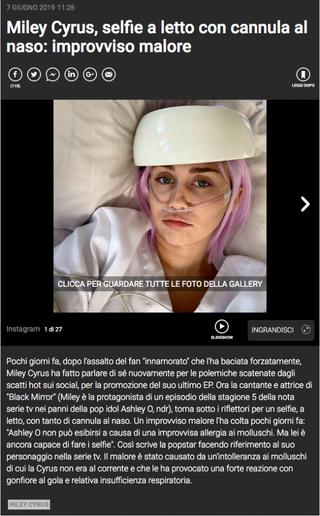Miley Cyrus, selfie a letto con cannula al naso: improvviso malore