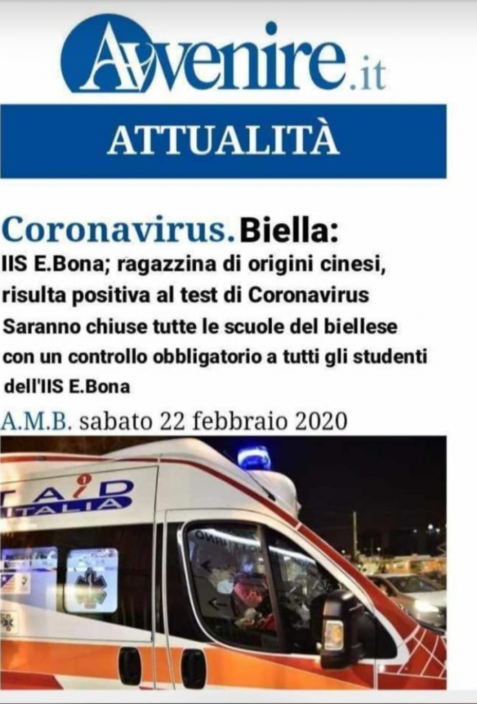 Coronavirus: Biella, ragazzina di origini cinesi risulta positiva al test del Coronavirus