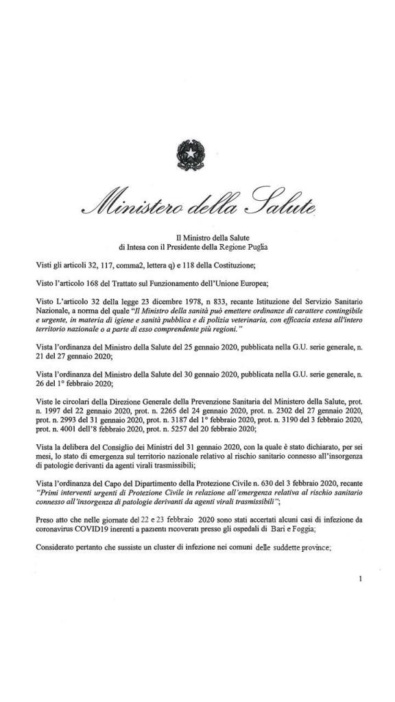 Interdizione di allontanamento o rientro da tutti i Comuni delle Province di Bari e Foggia