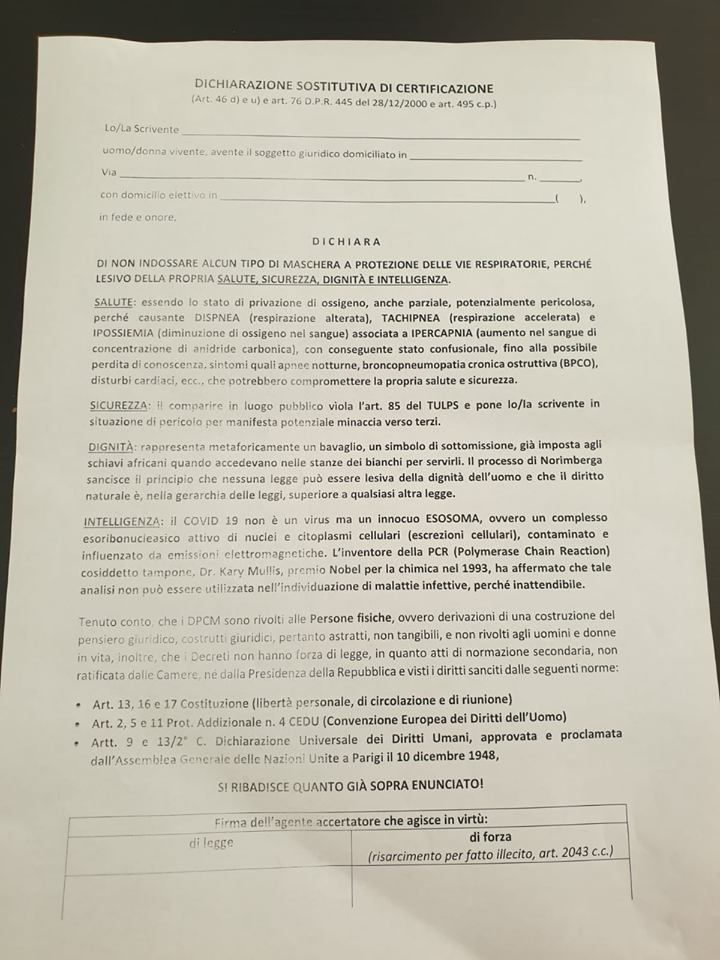 Dichiarazione sostitutiva: "Non indosso la mascherina perché lesiva della mia intelligenza", e altre cose poco acute