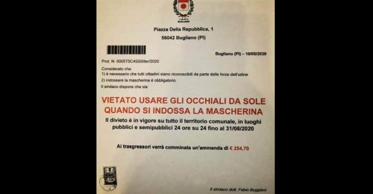 Multa di 250 euro per uso occhiali da sole con mascherina: ira sul Sindaco PD di Bugliano, ma non esiste