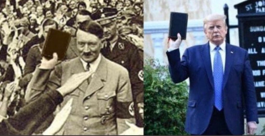 La foto di Hitler che mostra una Bibbia nella posa adottata da Trump in futuro