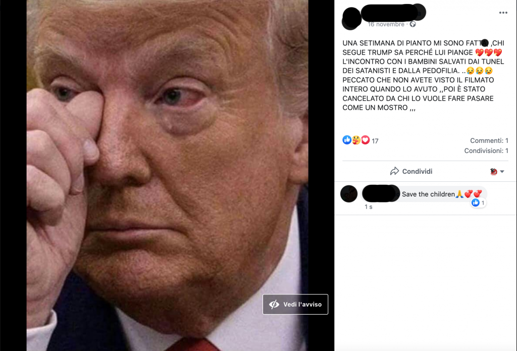 "Trump piange dopo l'incontro coi bambini salvati dal tunel dei satanisti" (sic!).