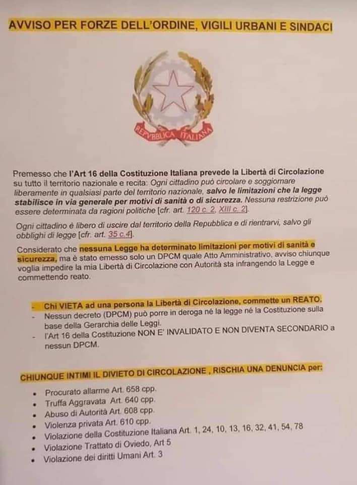 "Avviso per le forze dell'Ordine, Vigili Urbani e Sindaci": nessuna legge ha determinato limitazioni - Come farsi inguaiare dal complottismo