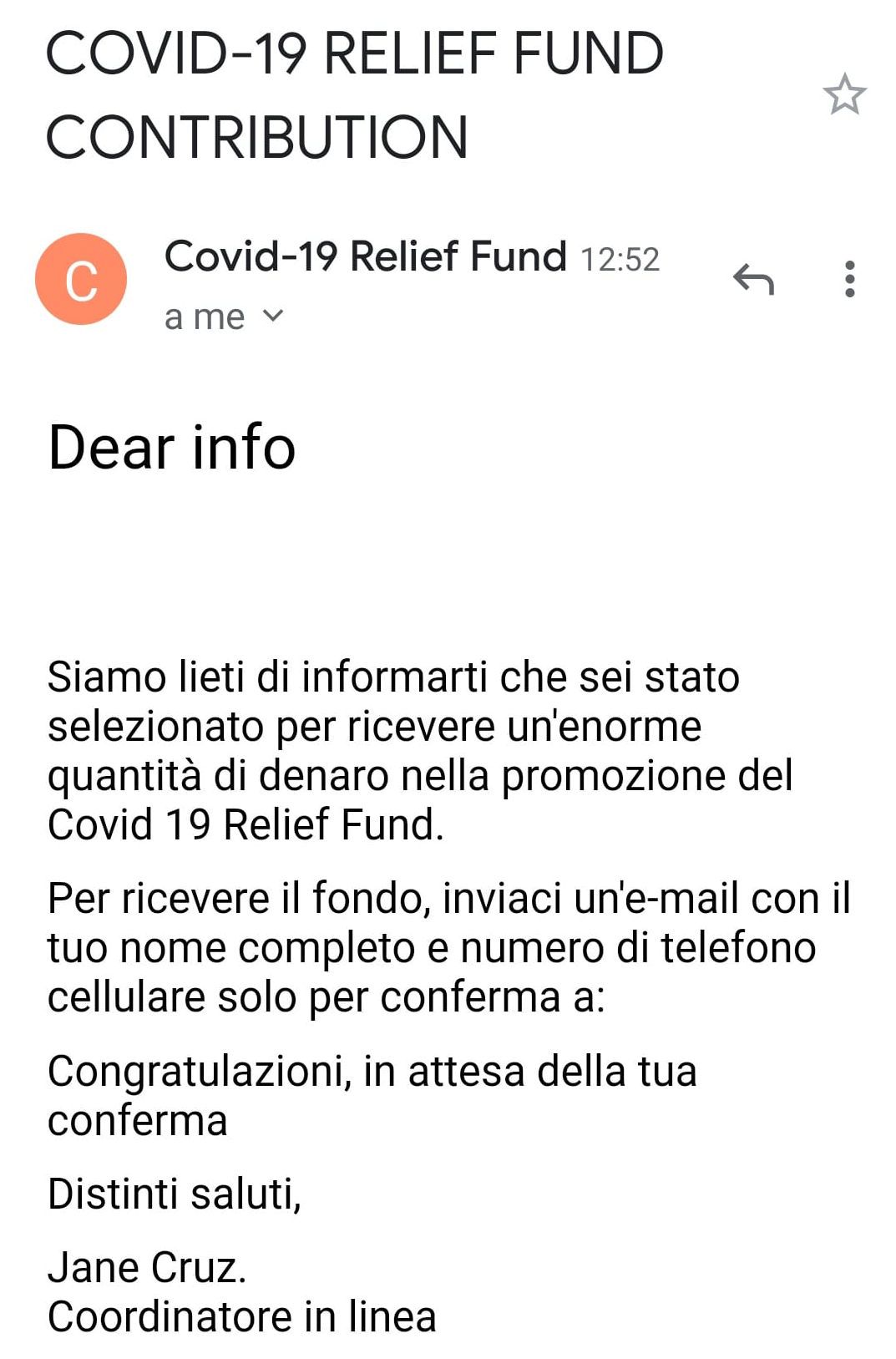 Non rispondete all’email truffa del Covid 19 Relief Fund Contribution Non rispondete all’email truffa del Covid 19 Relief Fund Contribution