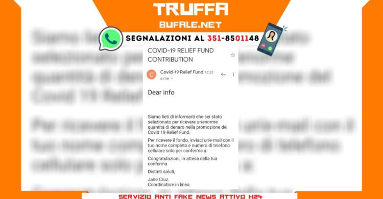 TRUFFA bufala email covid relief fund contribution
