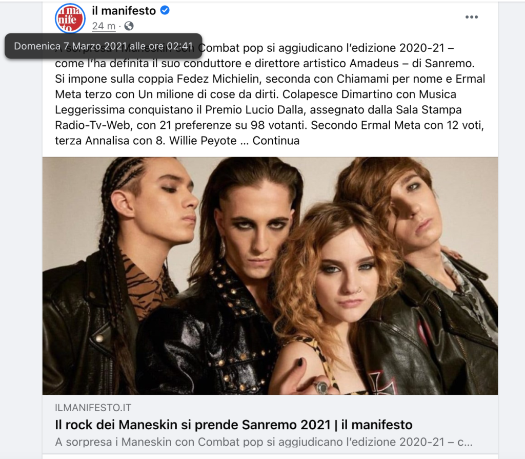 Il Manifesto dichiara la vittoria dei Maneskin con Combat Pop, confusione sul finale
