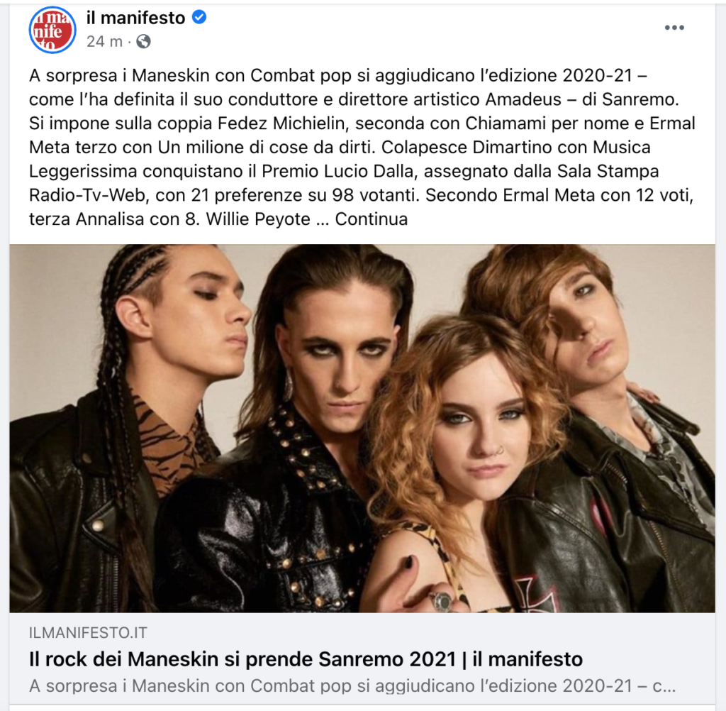 Il Manifesto dichiara la vittoria dei Maneskin con Combat Pop, confusione sul finale