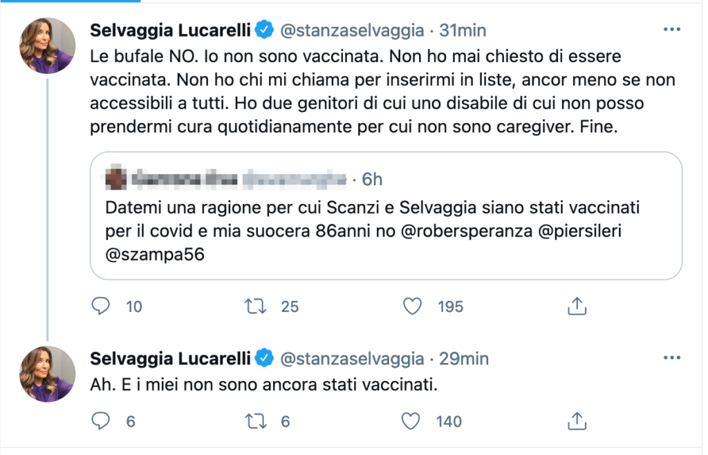 Utente Twitter tagga Speranza per chiedere perché Selvaggia Lucarelli è stata vaccinata: si sbagliava