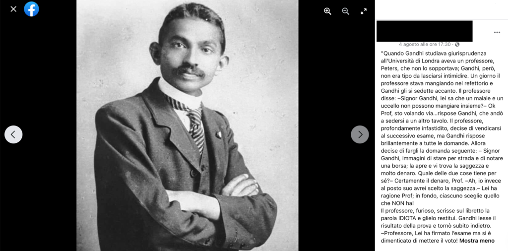 La foto usata in tutte le condivisioni della fake news del malvagio Professor Peters nemico di Gandhi