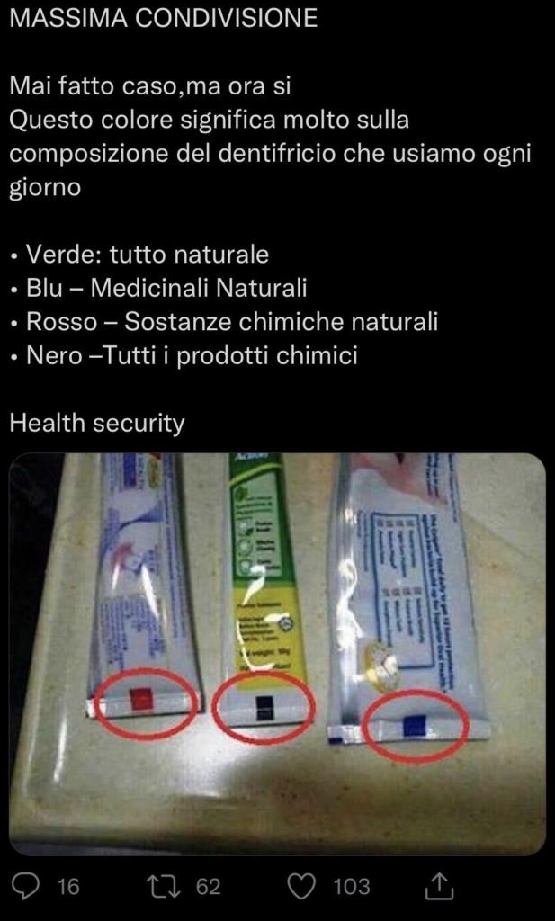L'eterna bufala dei colori in fondo al tubetto del dentrificio per identificarlo
