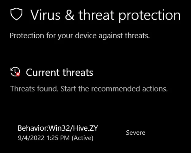 Windows ha rilevato la minaccia Hive.ZY, ma è un falso positivo