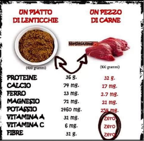 La tabella comparativa tra lenticchie e carne