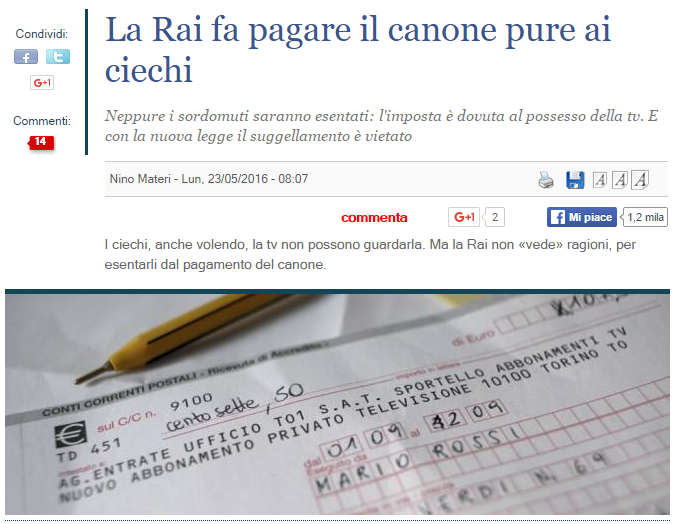 Il Giornale, Elena Brescacin e il canone RAI ai ciechi article-post