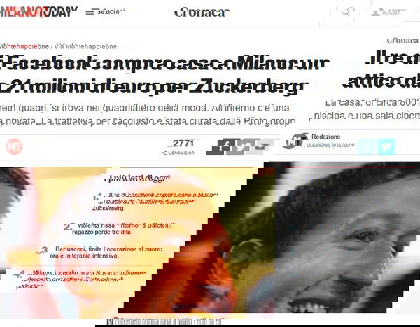 Zuckerberg compra casa a Milano?