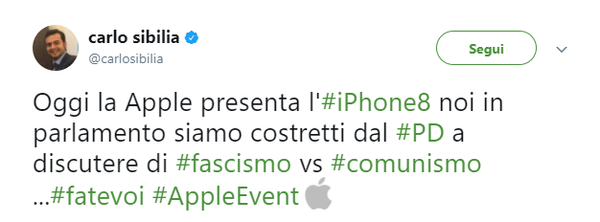 Il tweet di Sibilia sull’iPhone 8