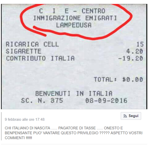 La ricevuta del “Centro inmigrazione emigrati Lampedusa”