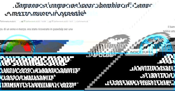 Il bambino morto col tampone rotto nel naso