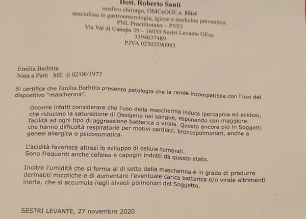 Il certificato di esonero dalla mascherina
