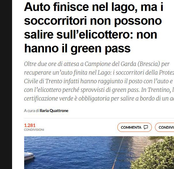L’auto nel lago e i soccorritori senza green pass article-post