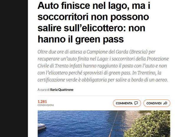L’auto nel lago e i soccorritori senza green pass
