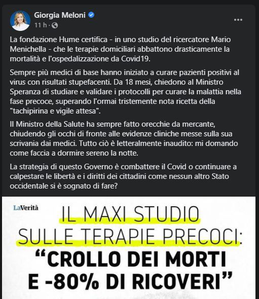 Giorgia Meloni e le cure domiciliari precoci (ancora)