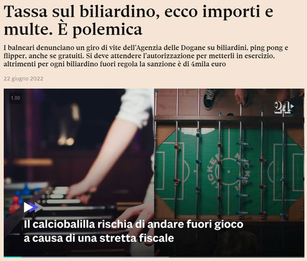 Le tasse su biliardino, ping pong e flipper
