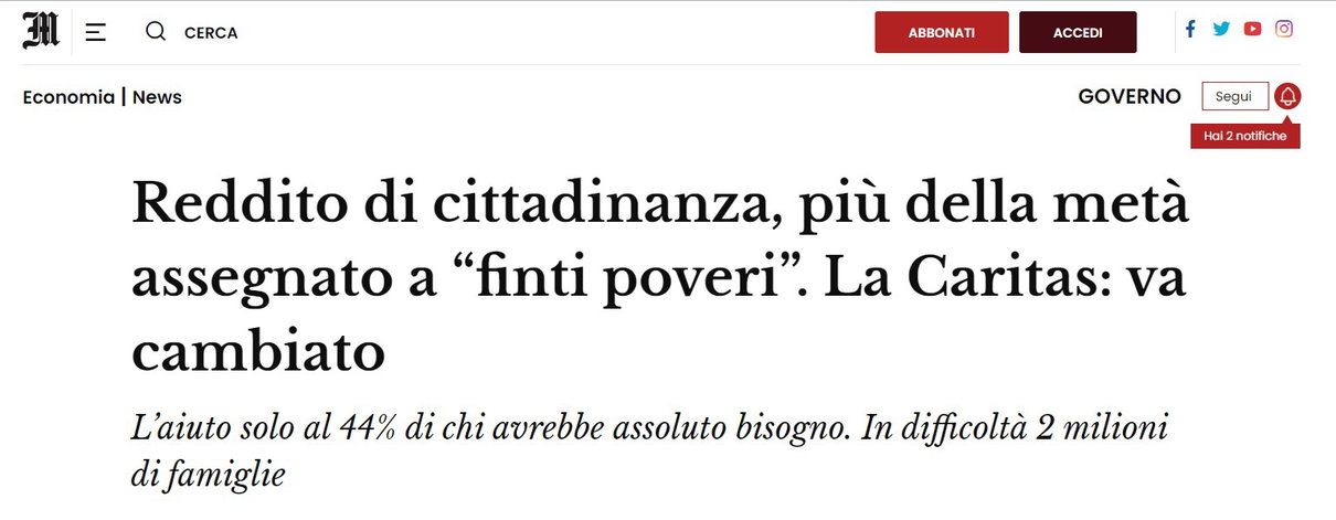 Il reddito di cittadinanza, la Caritas e le parole non dette article-post