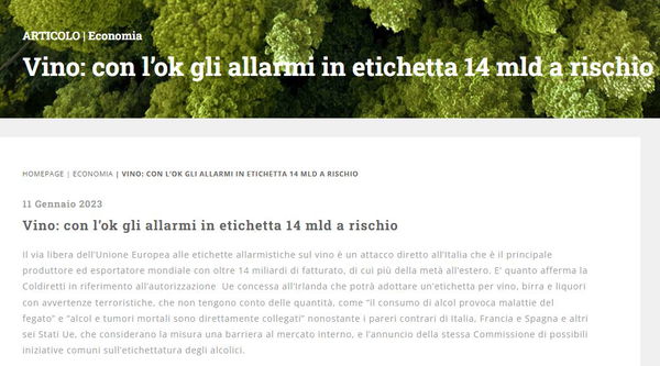 Coldiretti e gli allarmi sul vino in etichetta