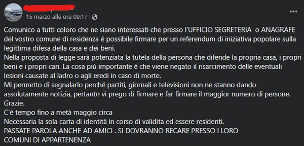 La petizione sulla legittima difesa