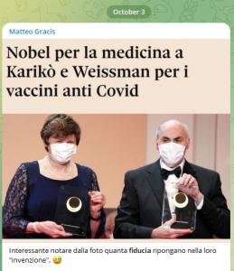 Nell'immagine vediamo i due premi Nobel per la medicina Karikò e Weissman con indosso una mascherina