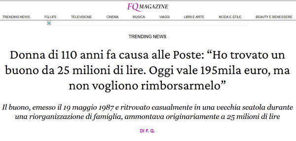 Donna di 110 anni fa causa alle Poste…